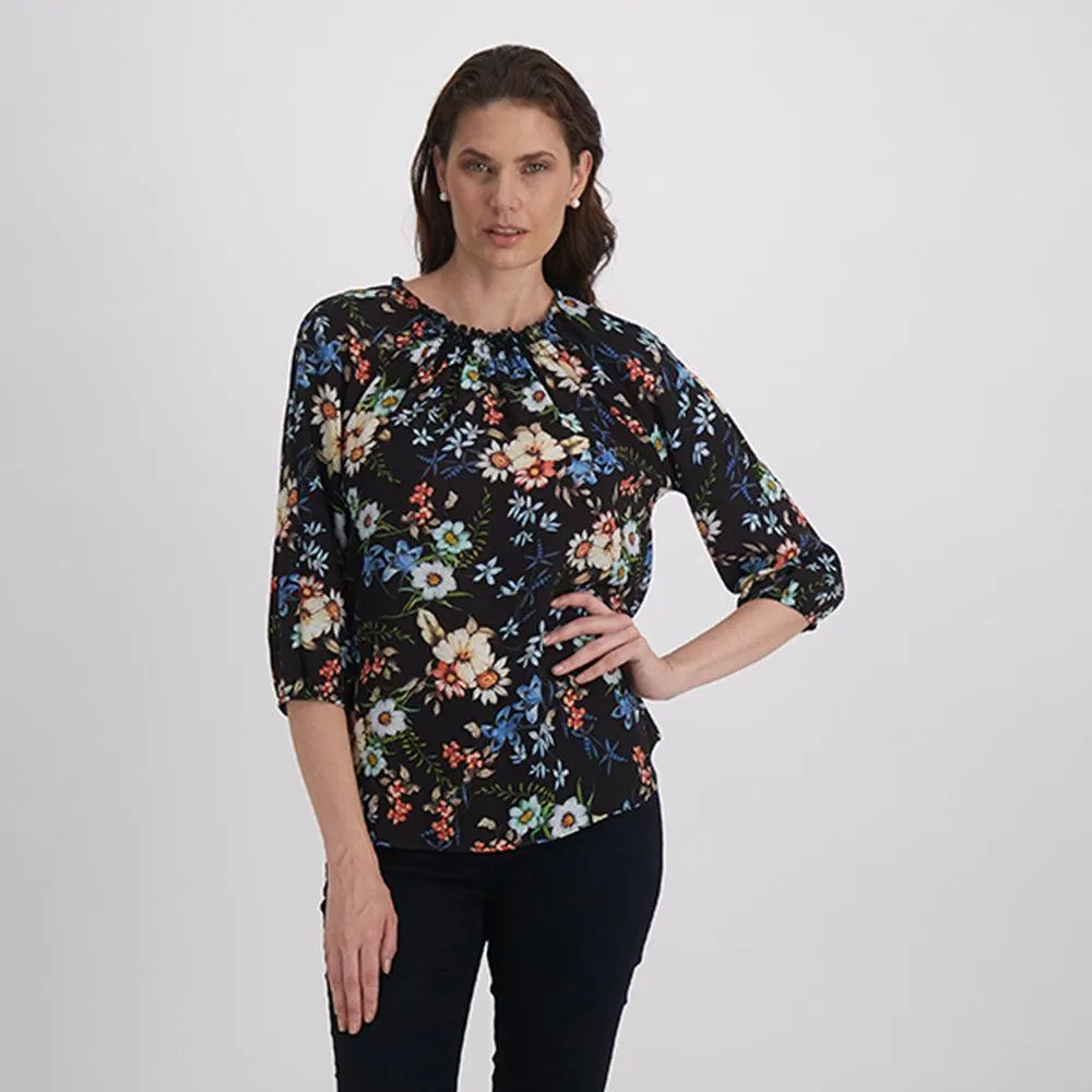 Blusa Floral Cuello Redondo en Contraste
