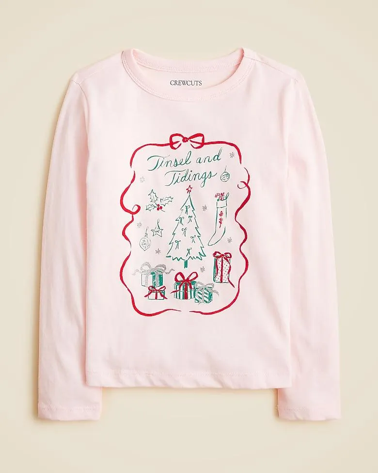 Girls' long-sleeve "Tinsel and tidings" graphic T-shirt with glitter