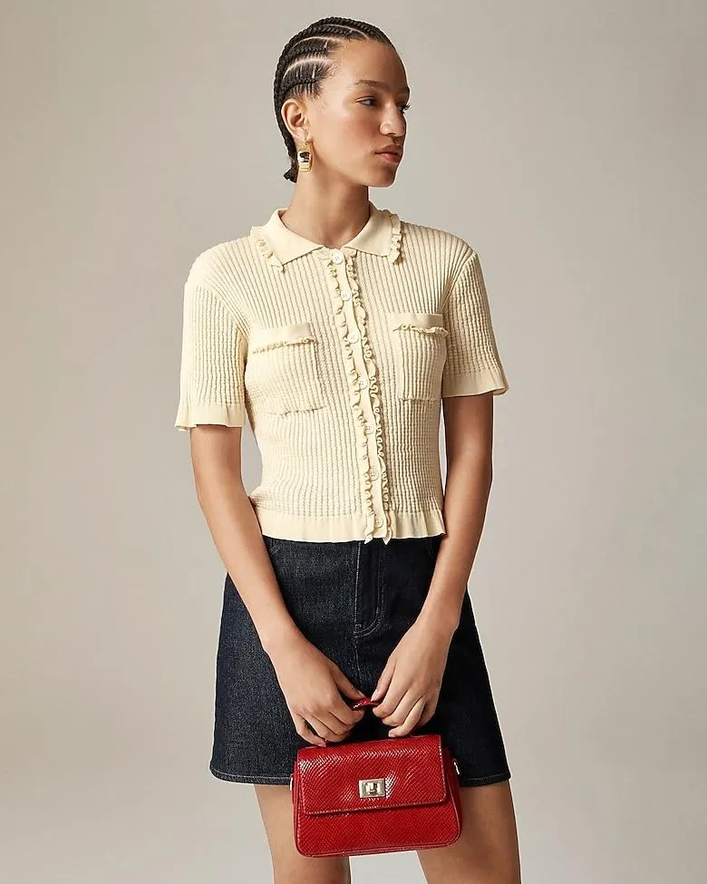 Pointelle ruffle-trim cardigan