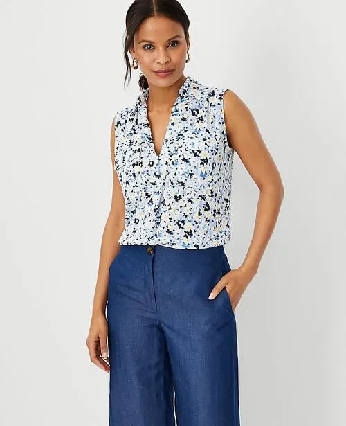 Camisas Ann Taylor Floral Sin Manga Camp Azules Blancos | 516372-VKB