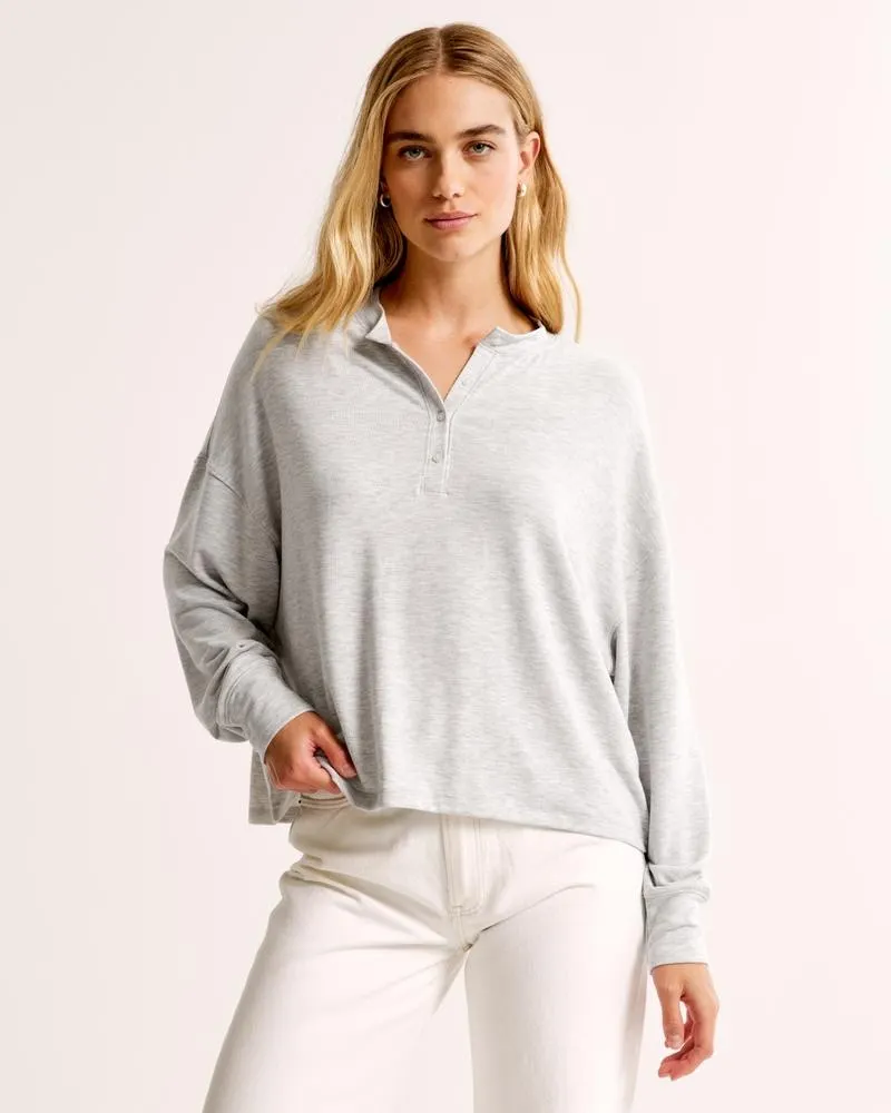 Long-Sleeve Cozy Lounge Knit Oversized Henley Top