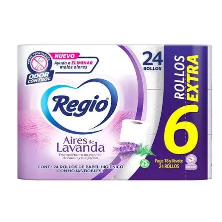 Papel Higiénico Regio Aires de Lavanda 18 + 6 Rollos 200 hojas