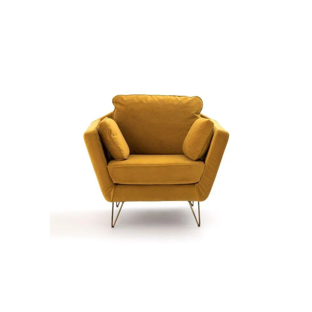 Duque - Sillon estilo moderno pies de horquilla dorada - terciopelo color mostaza