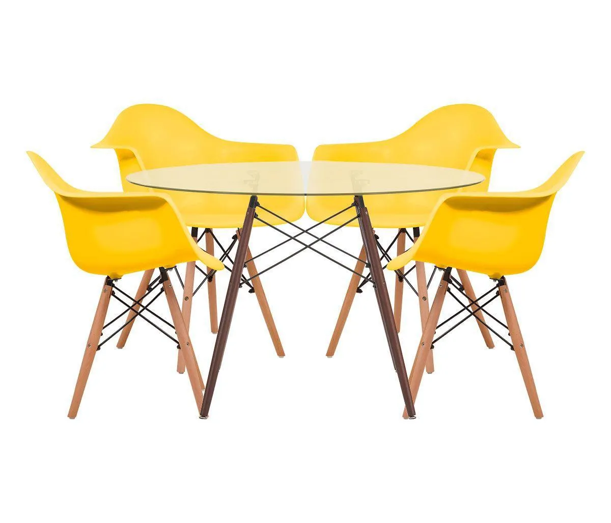 Mesa de comedor Eames 120 vidrio - Transparente + 4 Sillas réplica Eames Armchair - Amarillo