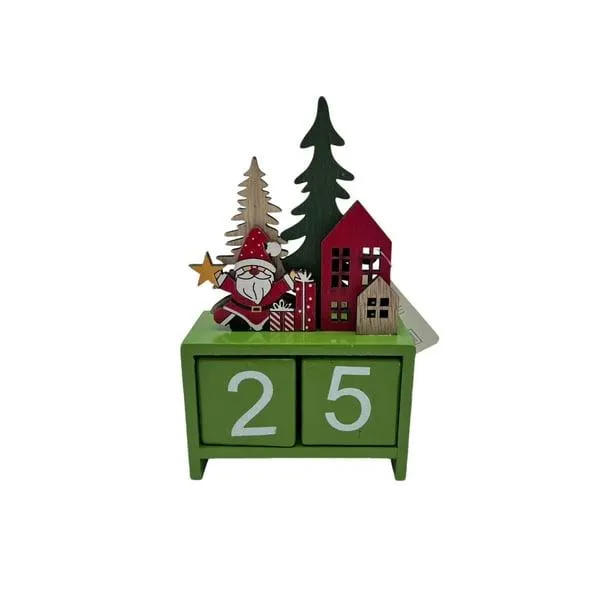 Calendario decorativo de Santa con villa y pinos verde, con dados