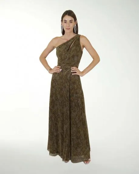 VESTIDO CL BRILLOS DE UN HOMBRO CON DRAPEADO