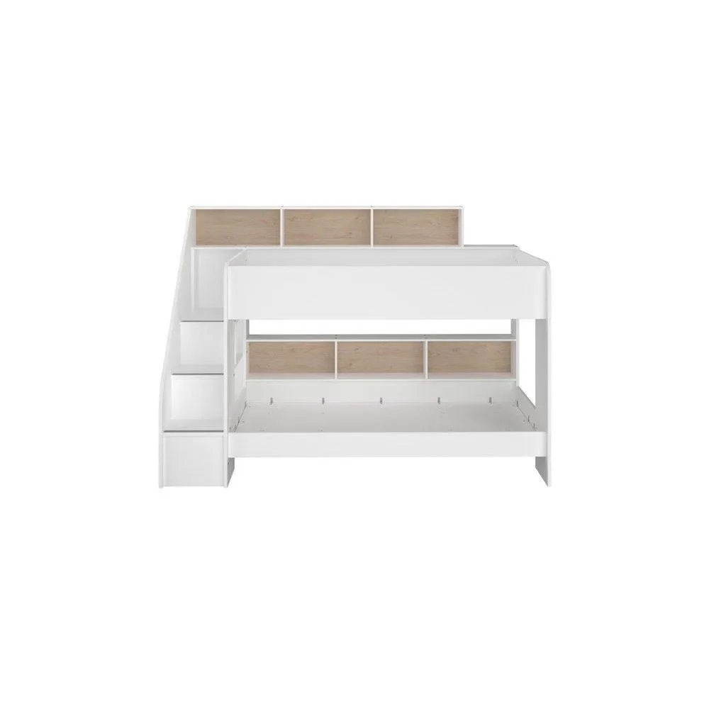 Ambrossia - Cama doble para niños color blanco y madera con su escalera, repisas y cajón de almacenamiento