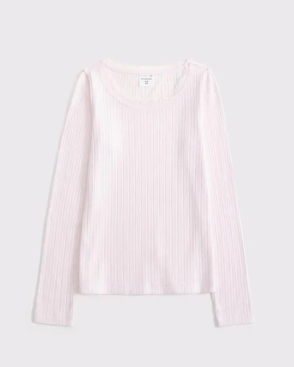 long-sleeve pointelle lace-trim top