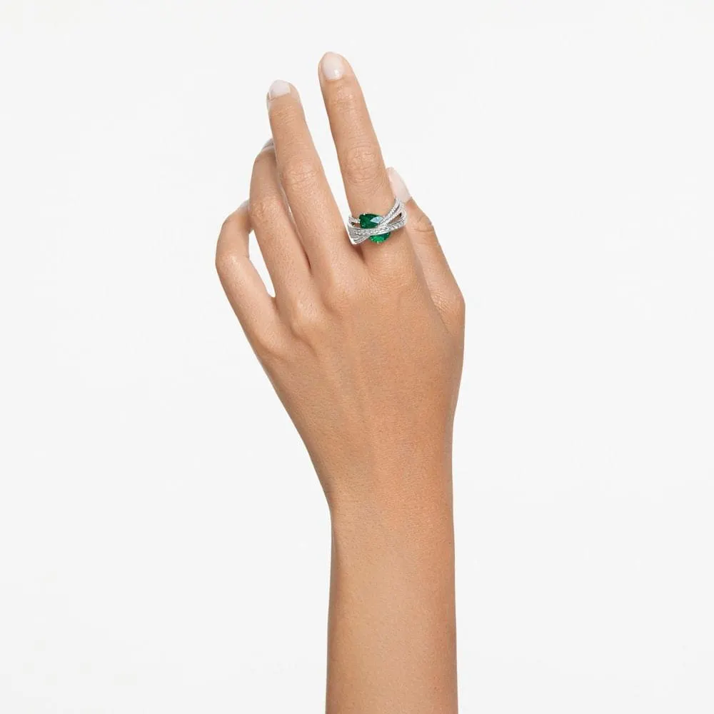 Anillo de cóctel Hyperbola, Circonita neutra en carbono, Tallas mixtas, Cuatro bandas, Verde, Recubrimiento en rodio