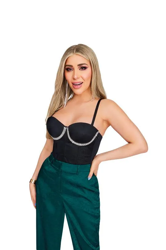 Crop Top negro de tirantes con pedrería 91317