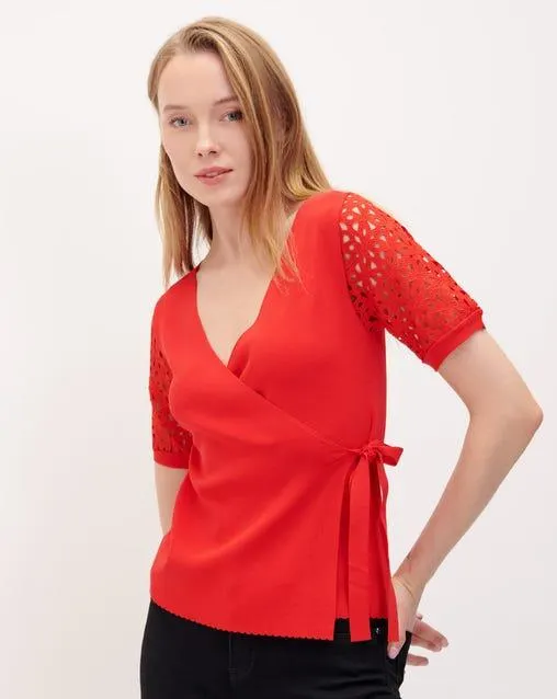 Blusa Roja De Punto Envolvente Manga Bordada