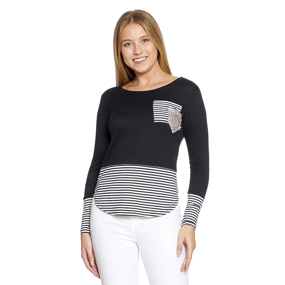 Blusa Para Mujer Con Manga Larga Rayas Blanco Negro y Bolsa Con Lentejuelas Casual 330708