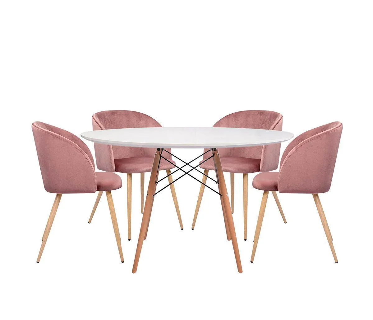 Mesa de comedor replica Eames 120cm - Blanco + 4 Sillas Rolet encino - Rosa
