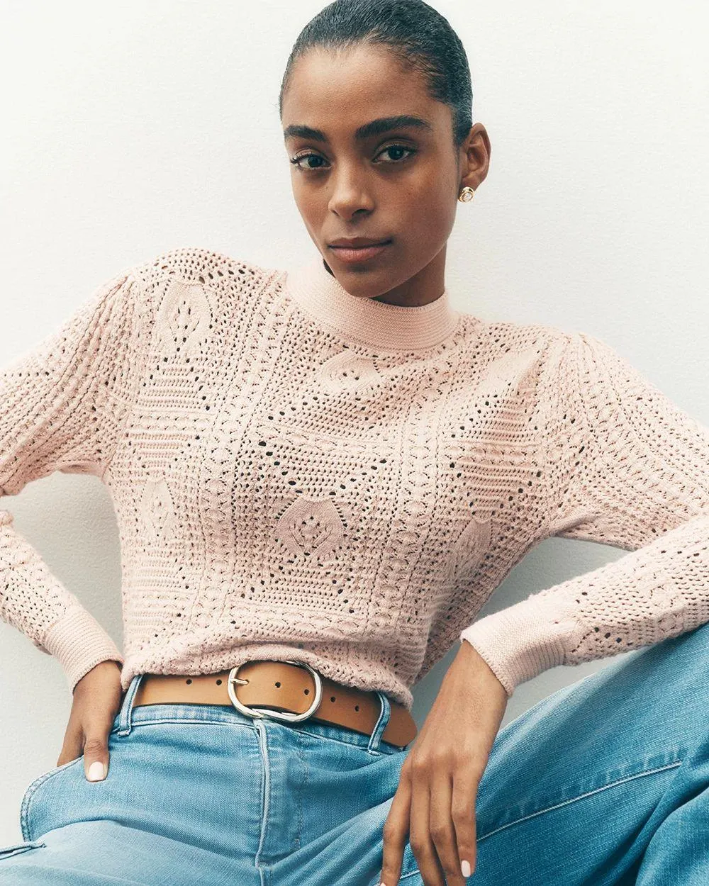 Mock Neck Pointelle Sweater