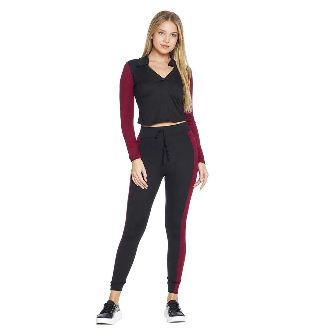 Conjunto Deportivo Mujer 2 Piezas Pantalón Leggins Bicolor Negro Vino Sudadera Manga Larga