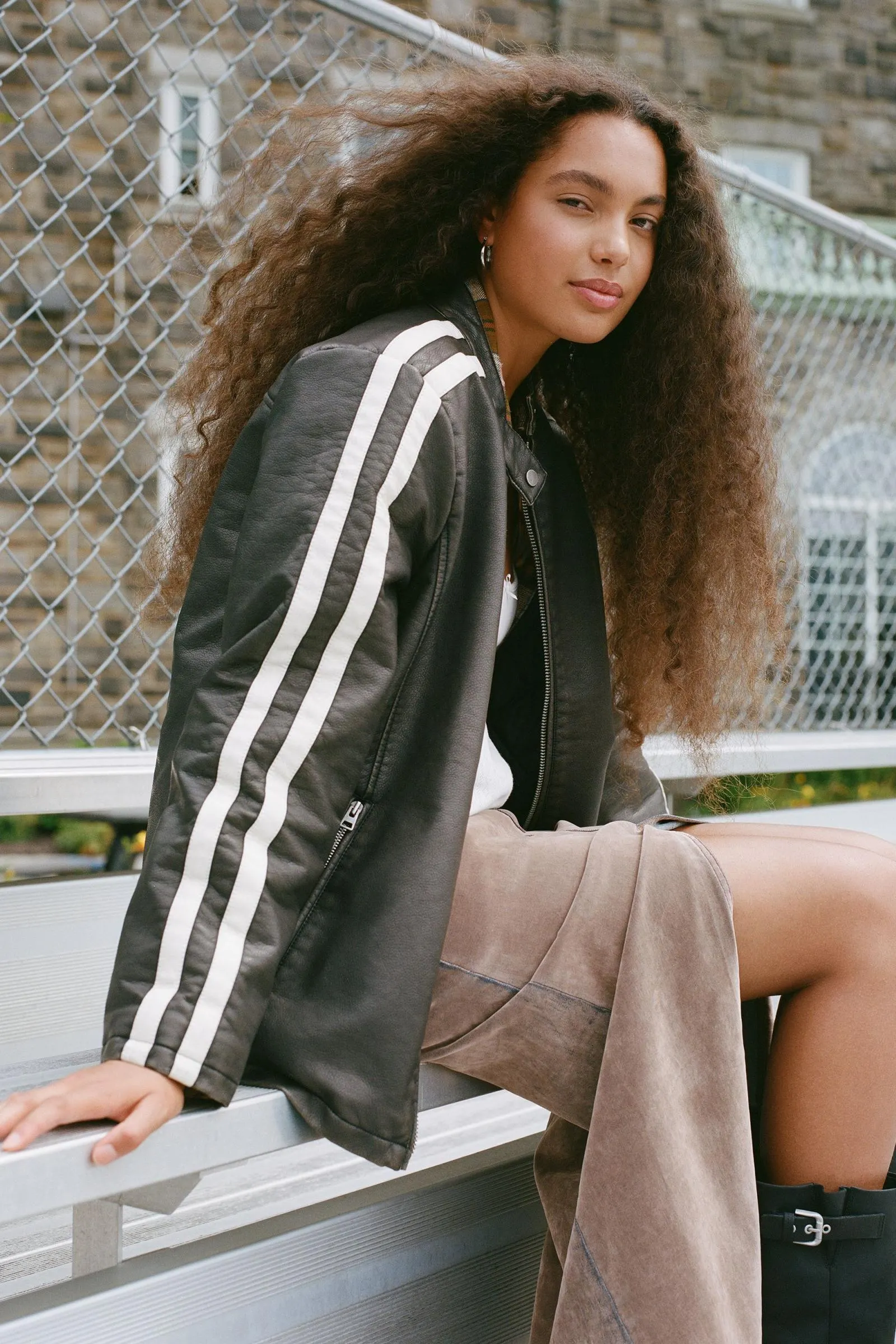 UO Morgan Faux Leather Stripe Moto Jacket