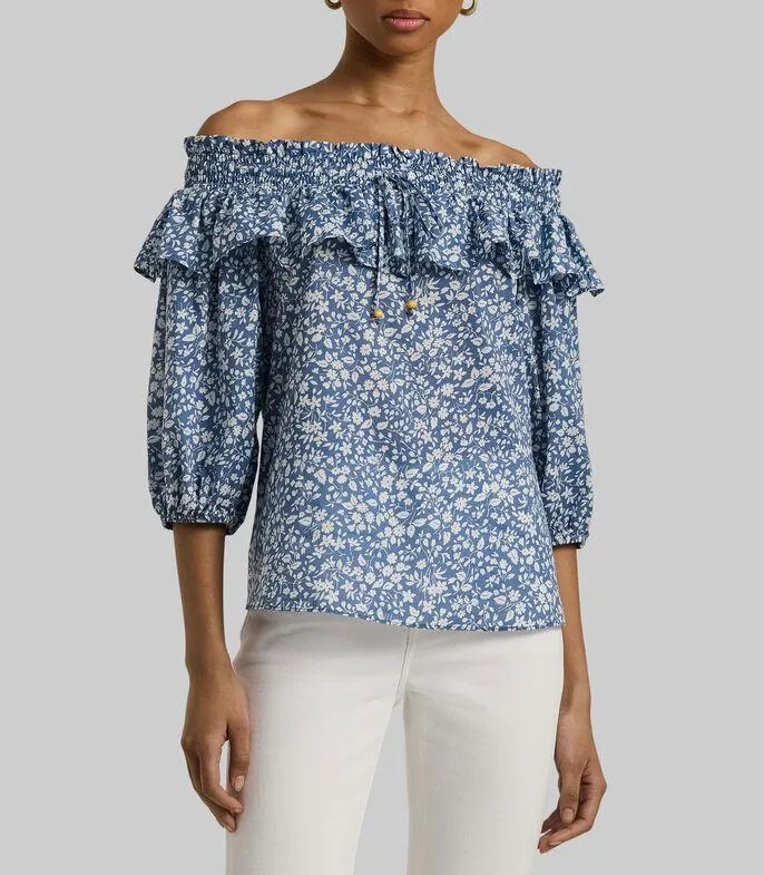 Blusa de gasa floral con hombros descubiertos Mujer