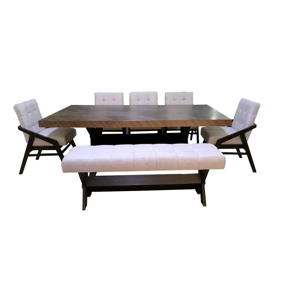 Comedor Walnut rectangular de 5 sillas y una banca mesa alto 83 ancho 120 largo 219 | silla alto 100
