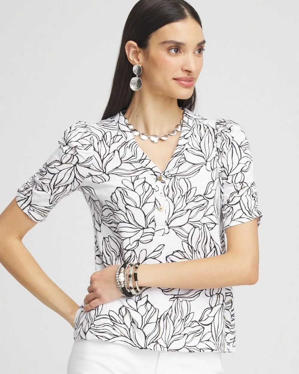 Floral Slub Split Neck Henley Tee