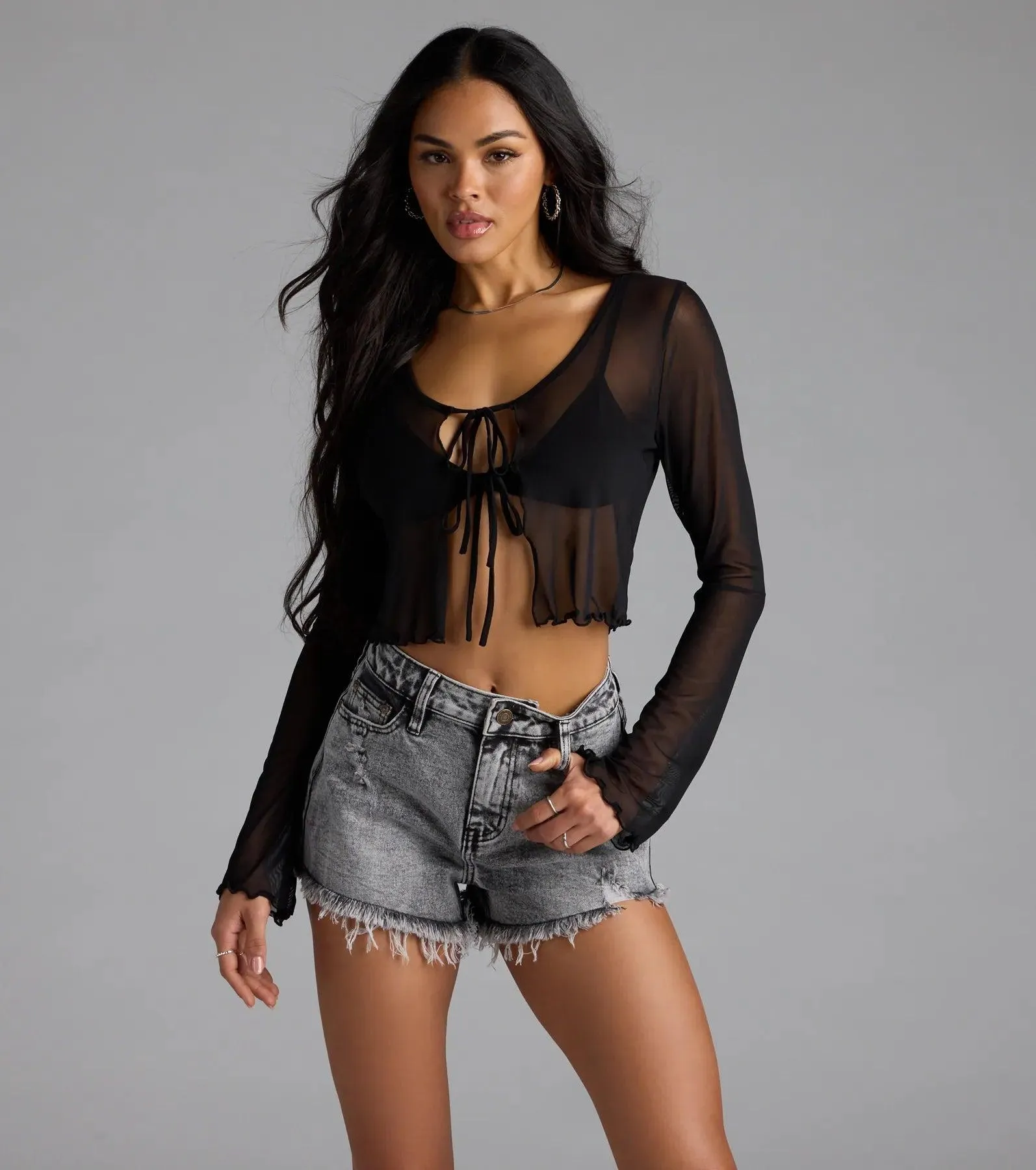 Sultry Take Tie-Front Long Sleeve Crop Top