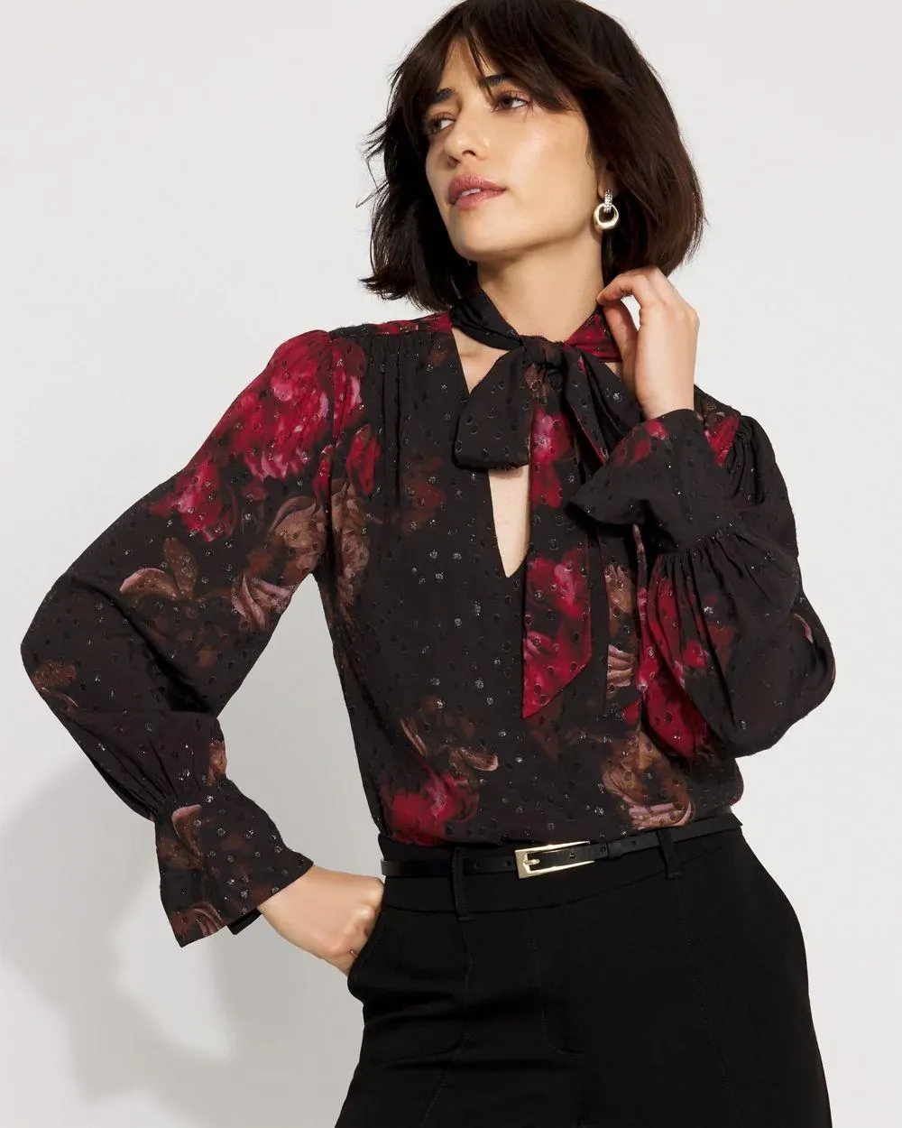 Jacquard Tie-Neck Blouse