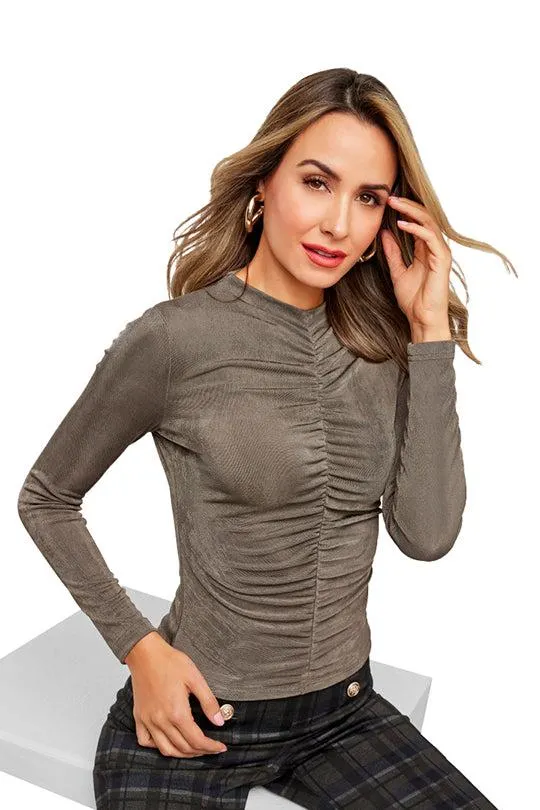 BLUSA GRIS CON MANGA LARGA Y FRUNCIDO 90574