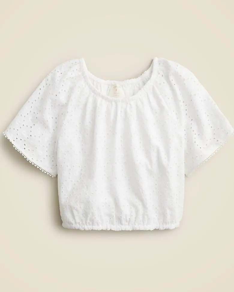 Girls' gathered top in eyelet