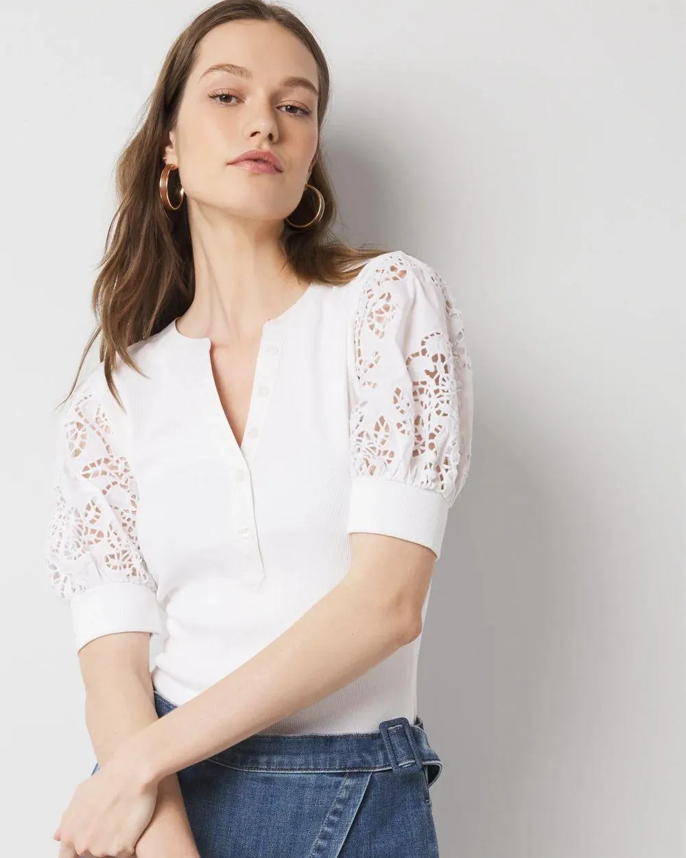 Eyelet Puff Sleeve Henley Top