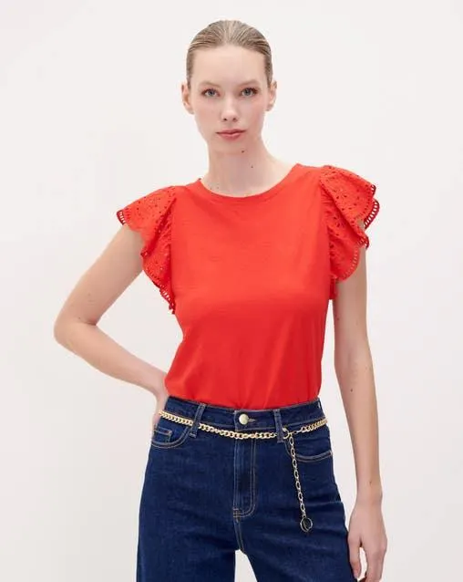 Blusa Roja Manga Escarola Bordada