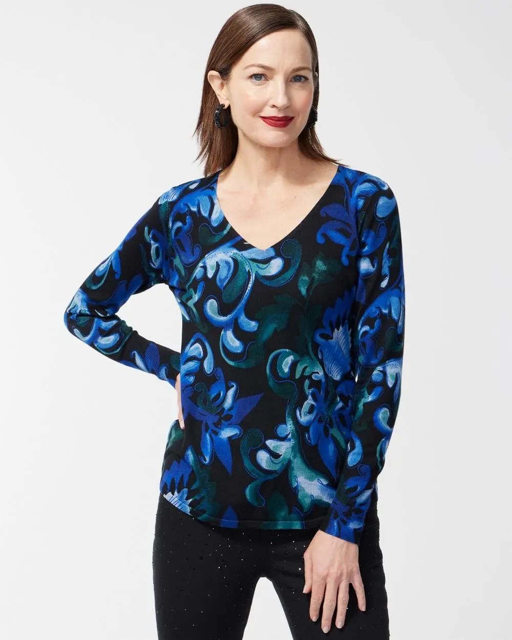 Blue Scrolls V-neck Pullover Sweater