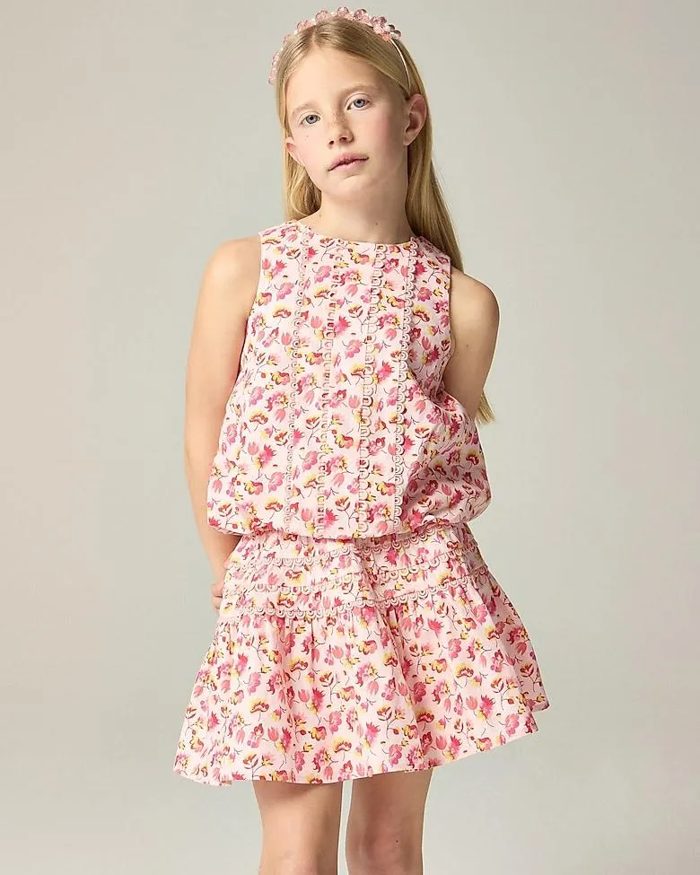 Girls' bubble tank top in linen-cotton blend floral