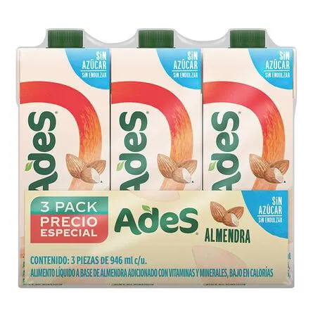 Alimento Líquido Ades Almendra sin Azúcar Natural 3 piezas de 946 ml c/u