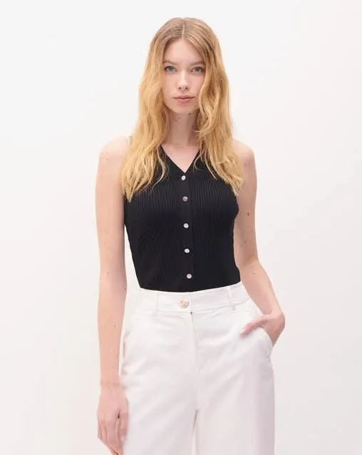 Blusa Negra Con Botones Tejido Canalé