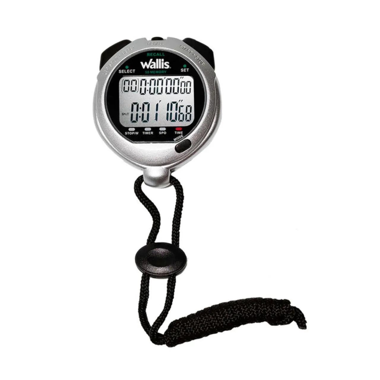 Cronómetro profesional digital, 7 funciones, 2 lineas de información, 50 memorias, plata