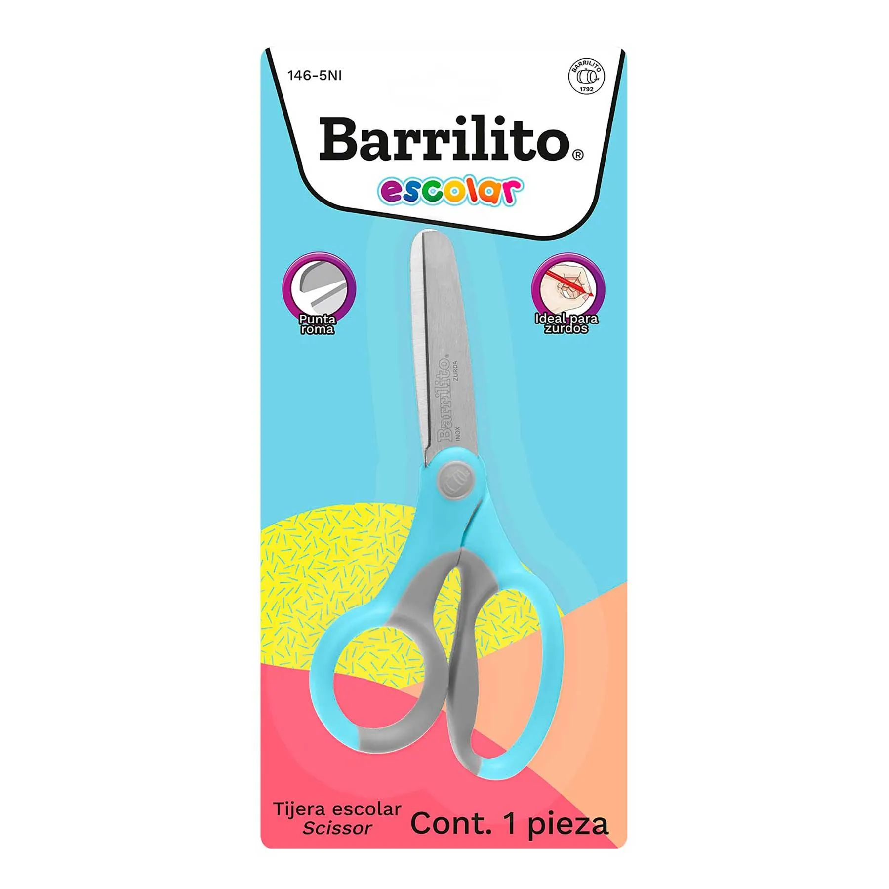 Tijera Escolar Zurda Barrilito 146-5NI Punta Roma 5" Mango Plástico