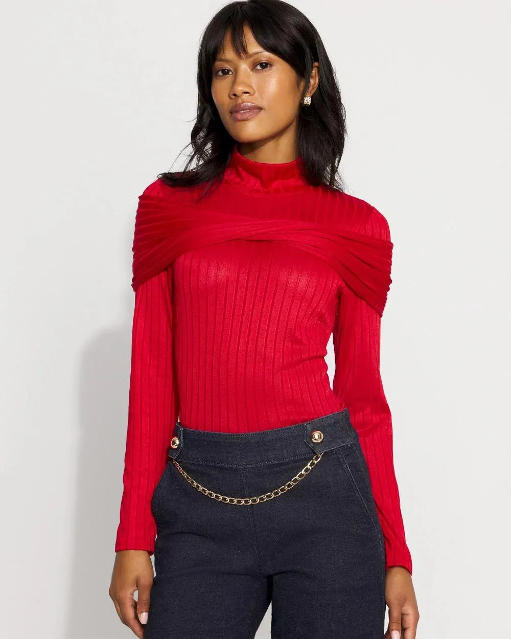 Convertible Mockneck Rib Knit Top