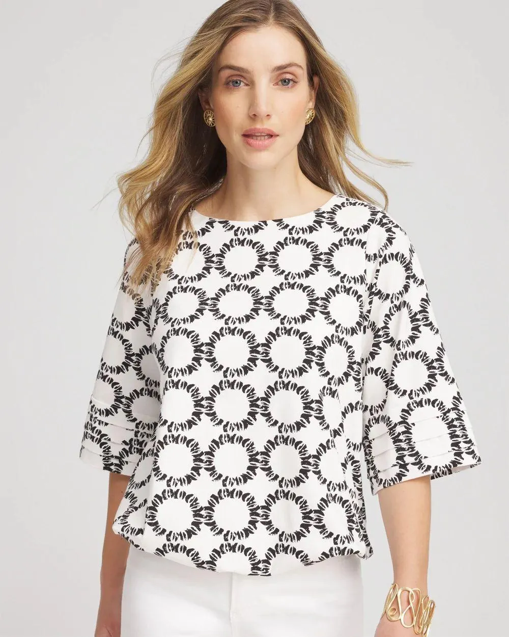 Geo Print Boatneck Bubble-Hem Top