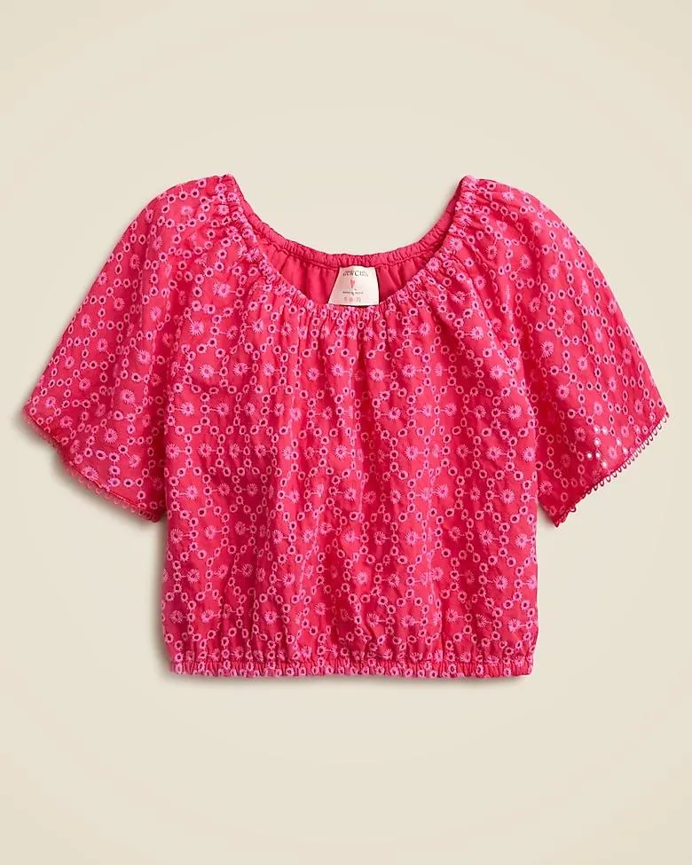 Girls' gathered top in eyelet