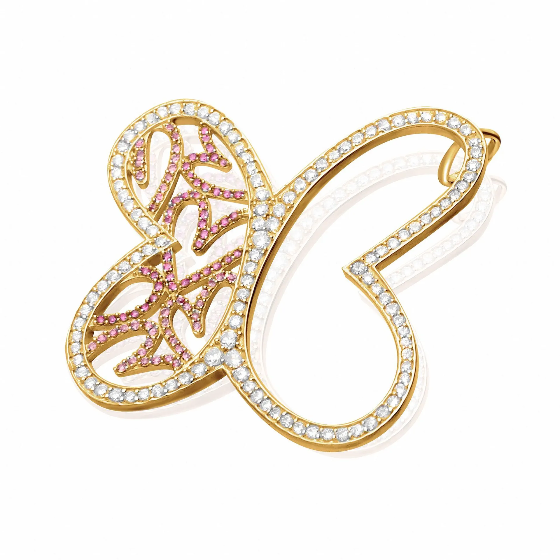 Dije Amor En Vuelo Mariposa Grande Con Circonia Rosa Y Blanca Y BañO De Oro Amarillo