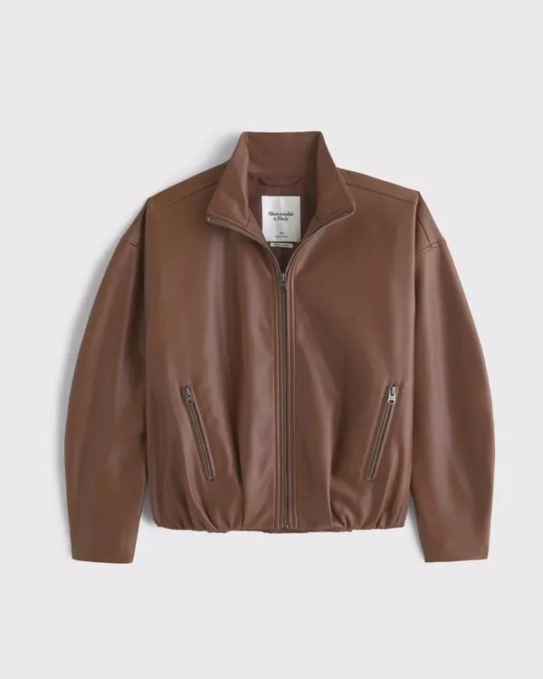 Bubble Hem Vegan Leather Bomber Jacket