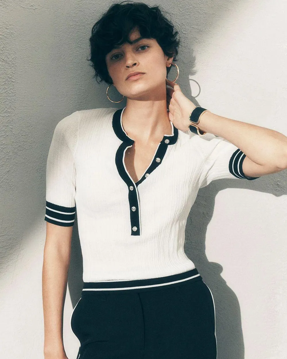 Elbow-Sleeve Henley Sweater