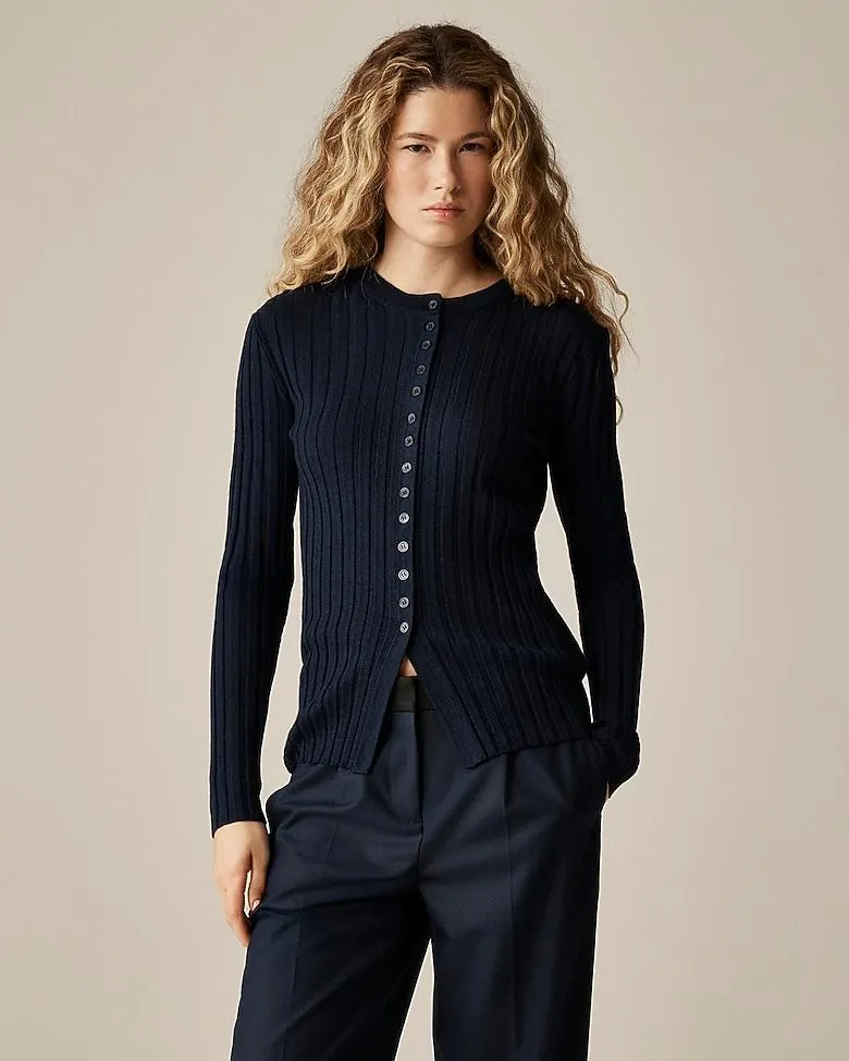 Wide-rib fitted cardigan top in merino wool