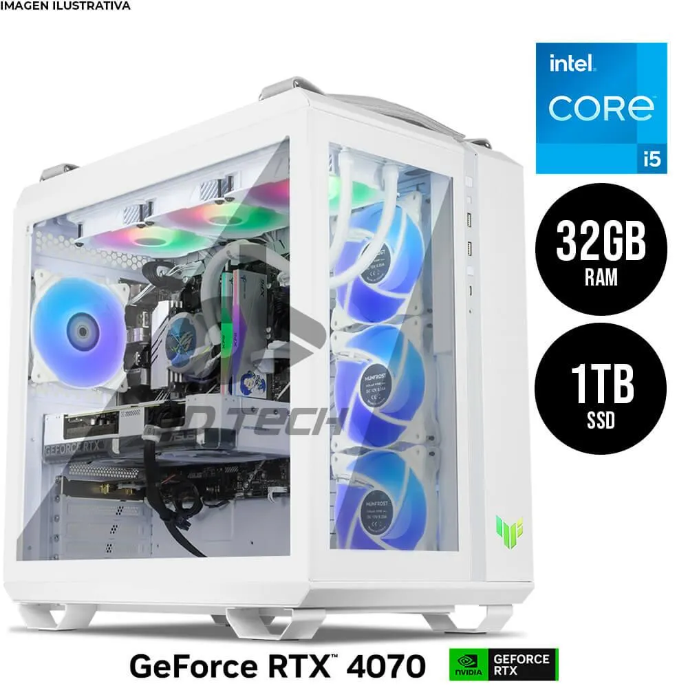 Computadora PRIDE GAMING PBA WHITE SEAL / NVIDIA® GeForce RTX™ 4070 / INTEL CORE I5-13400F / 32GB RAM / 1TB SSD M.2 / 700W 80+ BRONZE / ENF. Liquido 360mm / INCLUYE WIFI