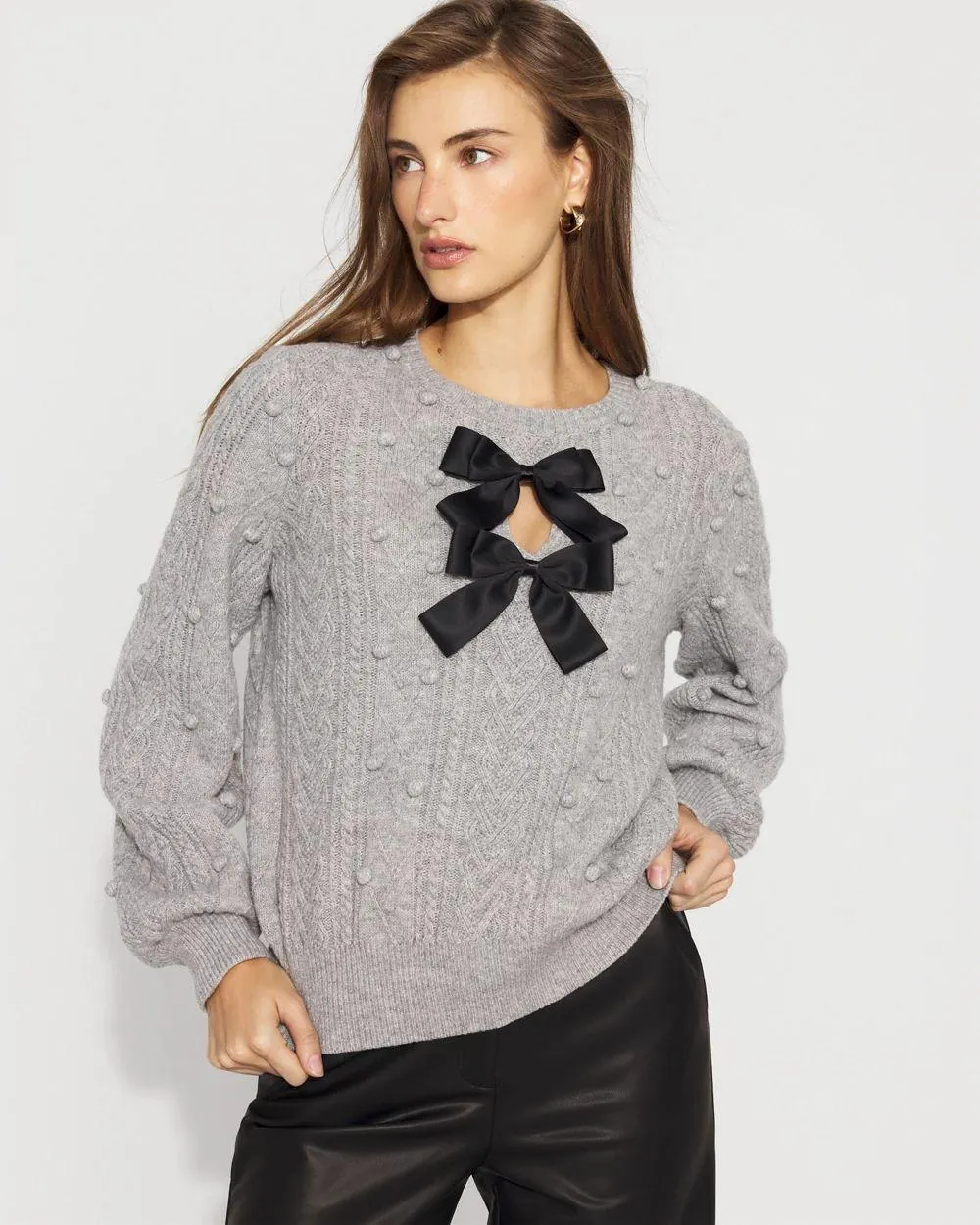 Satin Bow Cable Knit Sweater