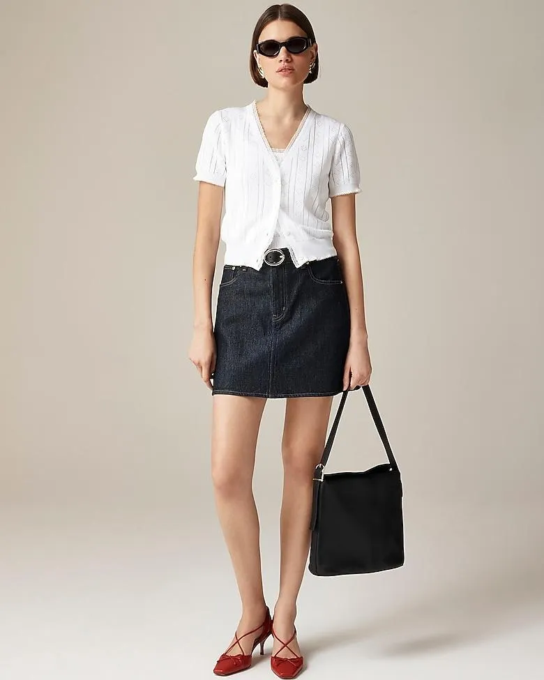 Pointelle short-sleeve V-neck cardigan in premium ultra-fine cotton