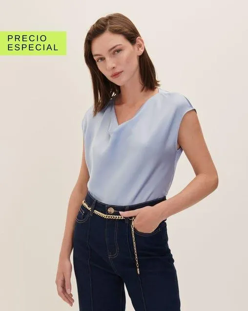 Blusa De Satín Escote Drapeado Azul Celeste