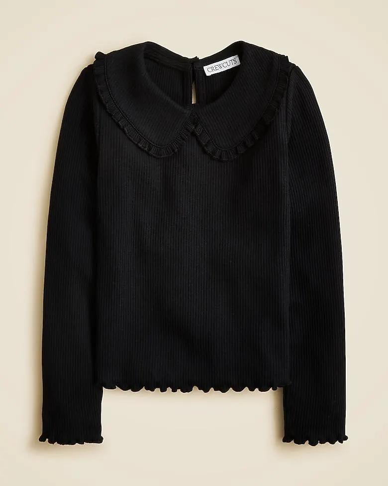Girls' long-sleeve ruffle-collar top in vintage rib