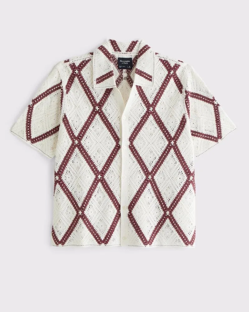Crochet-Style Diamond Pattern Button-Through Sweater Polo
