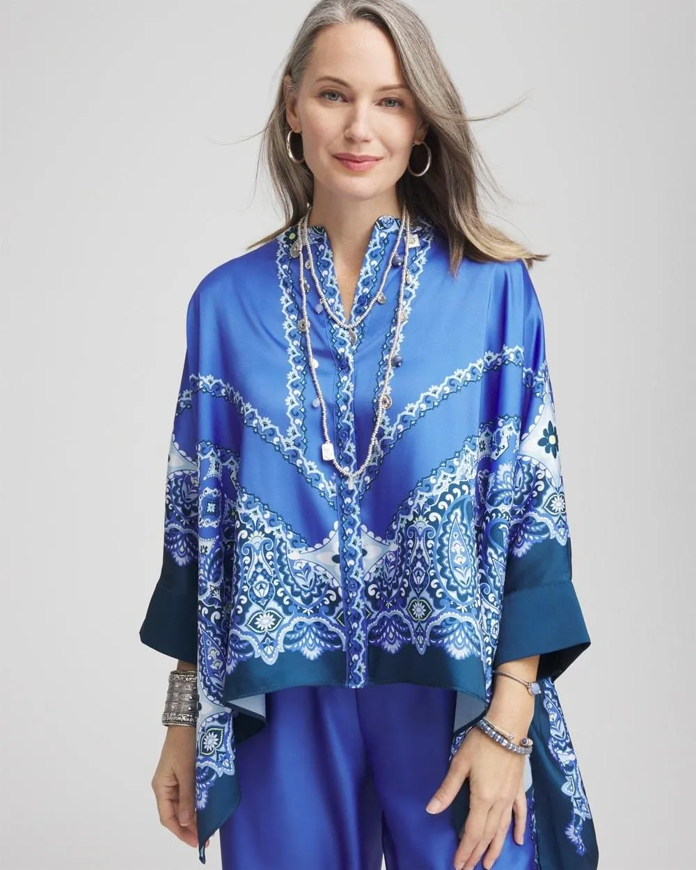 Paisley Splitneck Pleated-Cuff Poncho