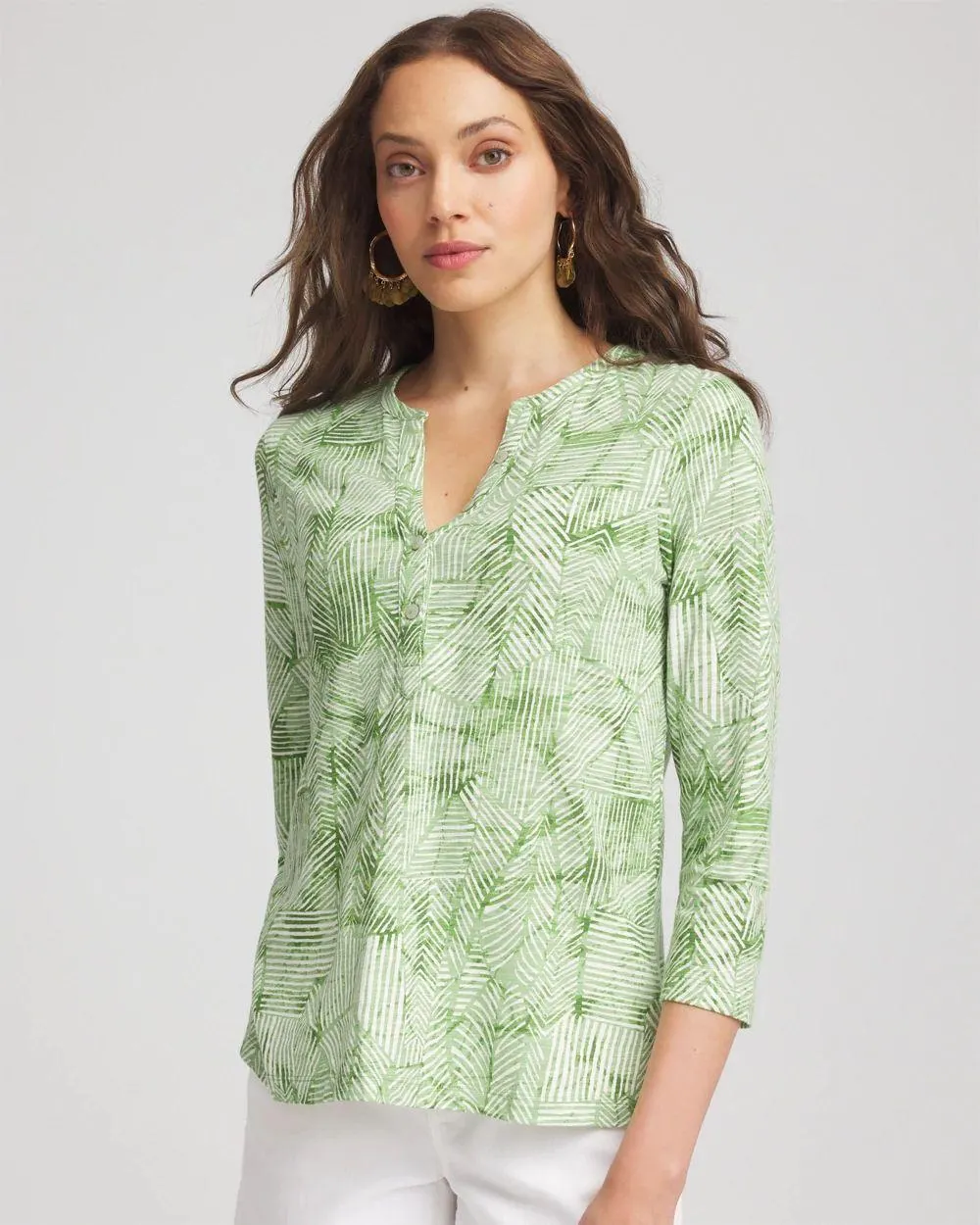 Palm-Frond-Motif Cotton Slub Henley Shirt